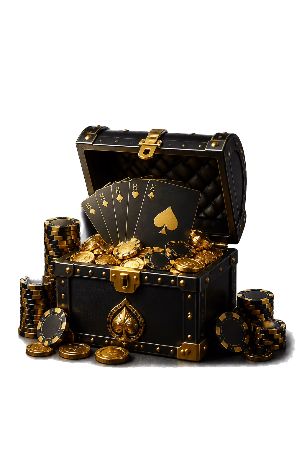 Schatztruhe mit goldener Muenze und Chips