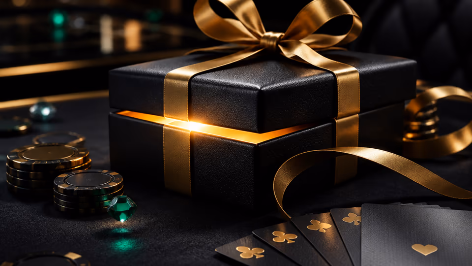 Schwarze Geschenkbox mit goldenen Casino-Akzenten