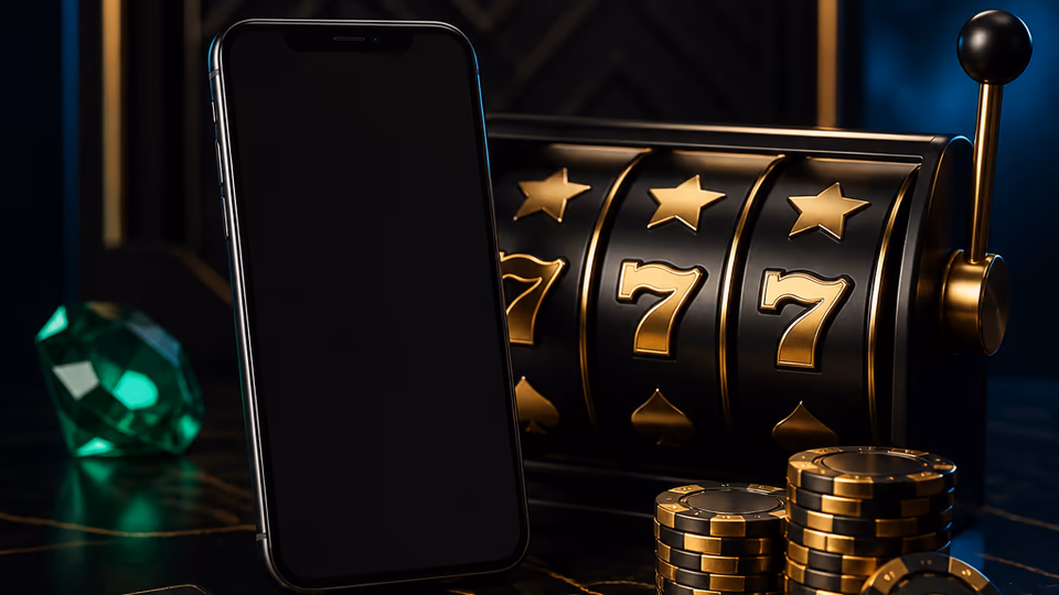 Smartphone und Slot-Reels für Spielprüfung